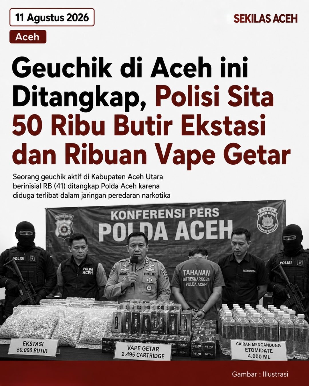 Geuchik di Aceh ini Ditangkap, Polisi Sita 50 Ribu Butir Ekstasi dan Ribuan Vape Getar
