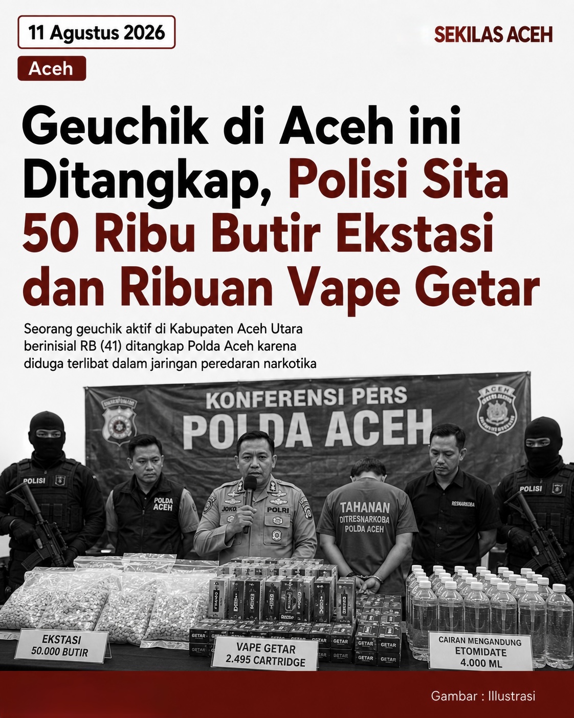 Geuchik di Aceh ini Ditangkap, Polisi Sita 50 Ribu Butir Ekstasi dan Ribuan Vape Getar
