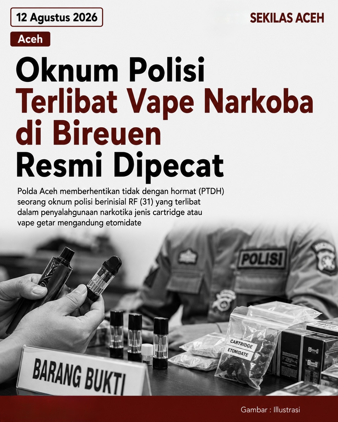 Oknum Polisi Terlibat Vape Narkoba di Bireuen Resmi Dipecat