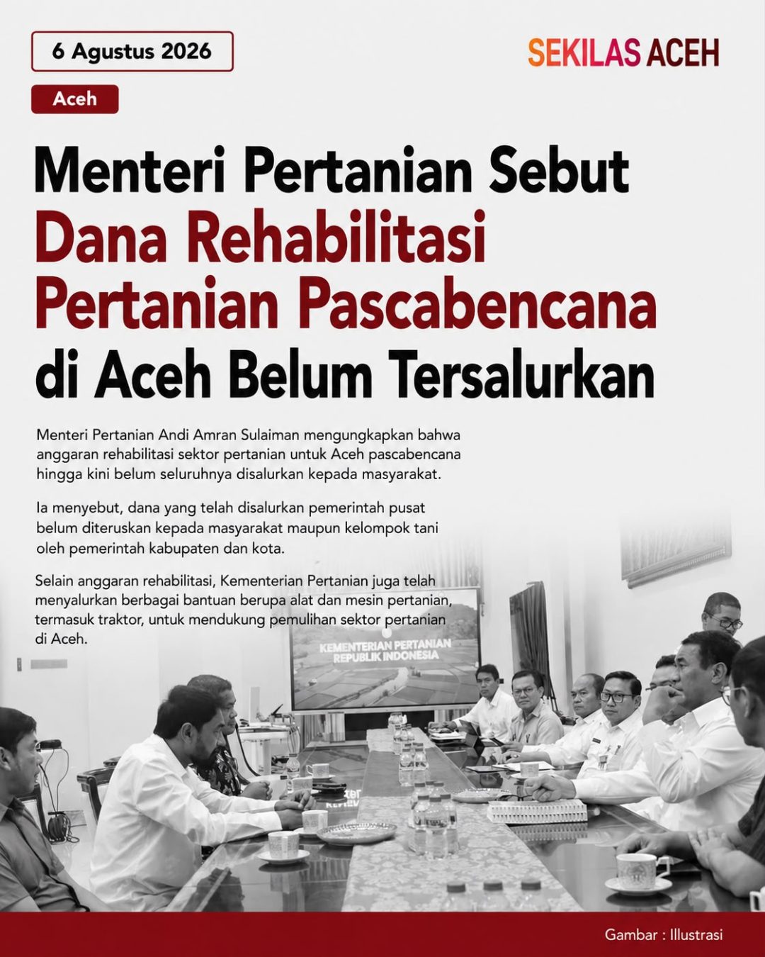 Menteri Pertanian Sebut Dana Rehabilitasi Pertanian Pascabencana di Aceh Belum Tersalurkan