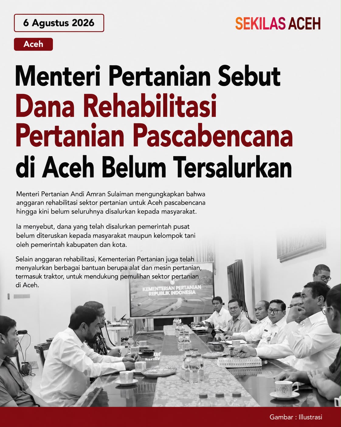 Menteri Pertanian Sebut Dana Rehabilitasi Pertanian Pascabencana di Aceh Belum Tersalurkan