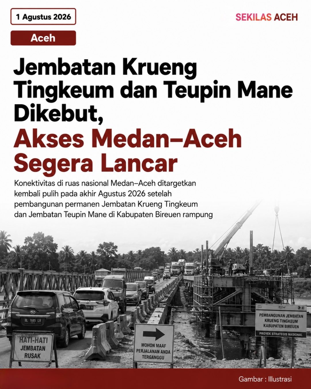 Jembatan Krueng Tingkeum dan Teupin Mane Dikebut, Akses Medan–Aceh Segera Lancar
