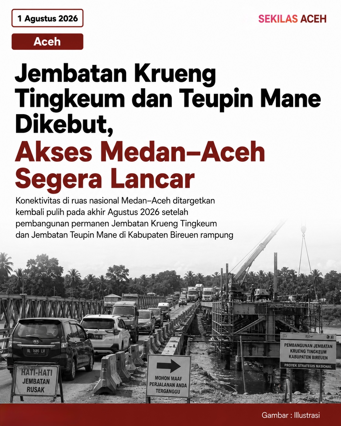 Jembatan Krueng Tingkeum dan Teupin Mane Dikebut, Akses Medan–Aceh Segera Lancar