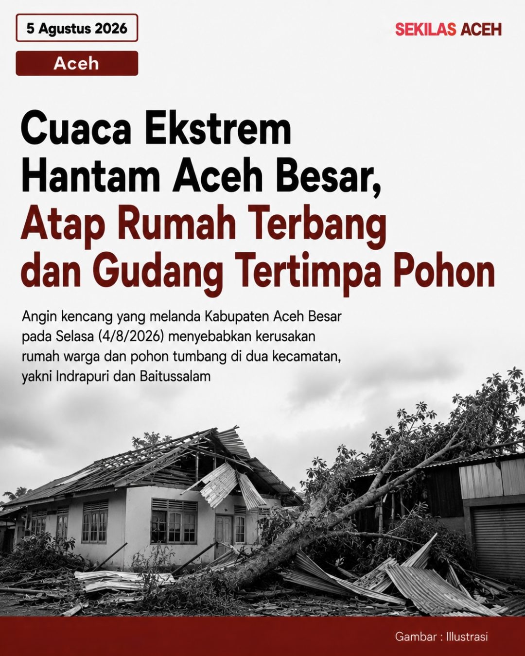 Cuaca Ekstrem Hantam Aceh Besar, Atap Rumah Terbang dan Gudang Tertimpa Pohon